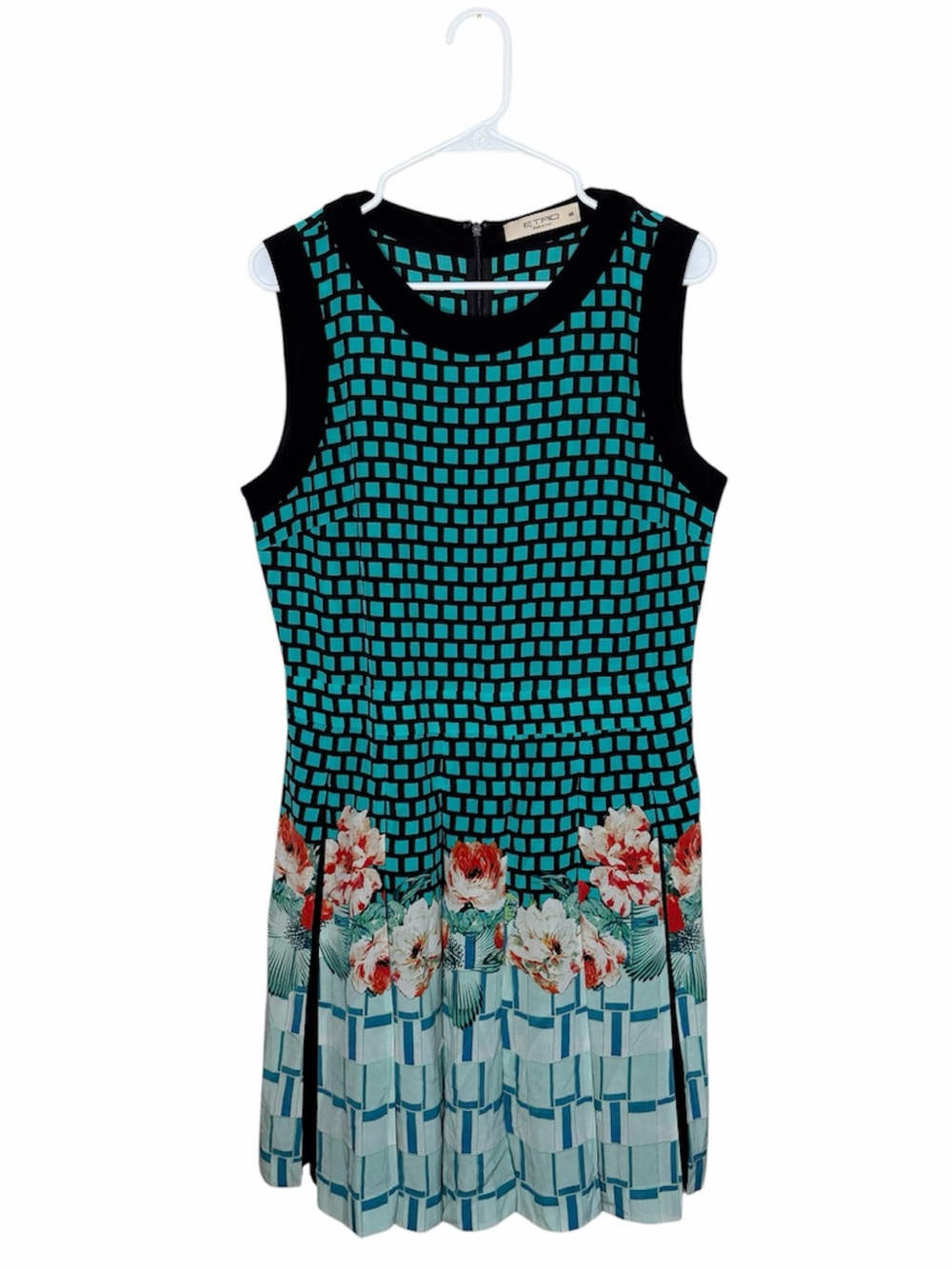 Etro Floral Square Print Pleated Dress Size 48 Women’s US 12 Blue Black Silk